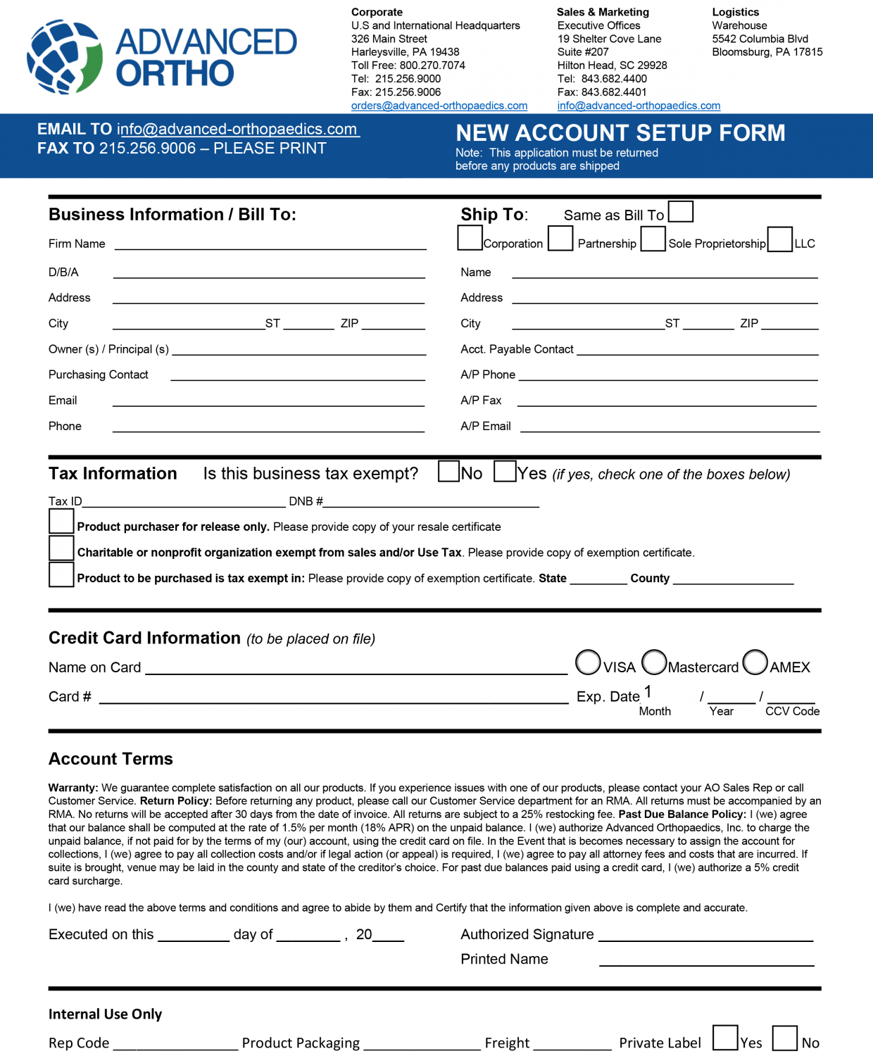 New Account Set Up Form - Advanced Orthopaedics